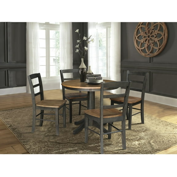 International Concepts 36" Round Solid Wood Pedestal Dining Table with 4 Madrid Ladder back Chairs in Hickory/Washed Coal