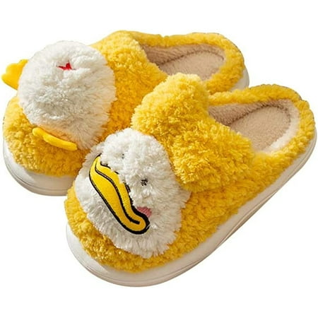 

CoCopeaunt Cute Duck Furry House Slippers for Women Men Fluffy Fur Warm Soft Anti-skip Home Shoes Indoor Winter