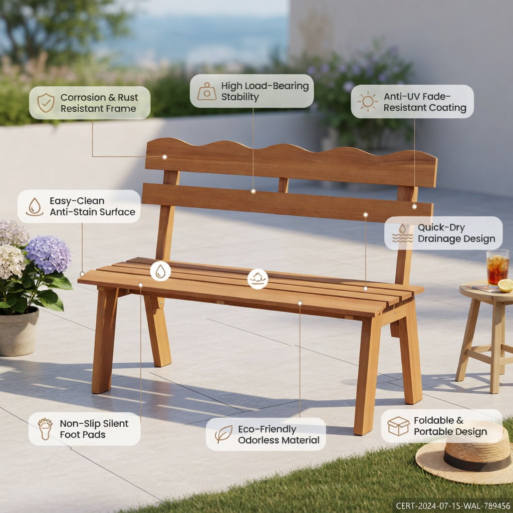 Hommoo Sturdy Outdoor Acacia Wood Garden Bench, Ergonomic Waved Backrest, Adjustable Feet, Pre-Assembled for Patio, Porch & Backyard, Natural