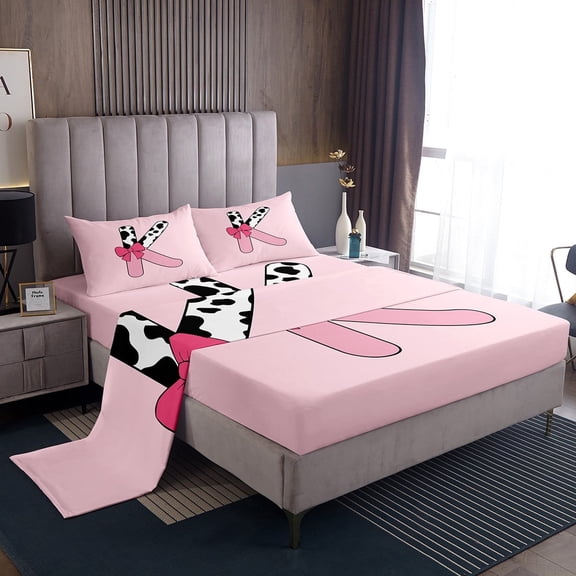 Erosebridal Monogrammed Letter Sheet Set Twin,Cattle Print Bedding Sets Twin Size,Microfiber Bed Sheets Twin,Pink Bow Tie Decoration,3pcs