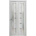 thumbnail image 1 of Sliding Closet Bi-fold Doors 84 x 96 inches | Quadro 4088 Light Grey Oak with Frosted Glass | Sturdy Tracks Moldings Trims Hardware Set | Wood Solid Bedroom Wardrobe Doors, 1 of 5