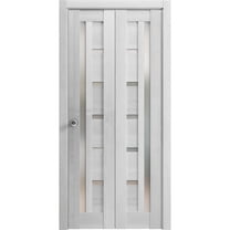 Sliding Closet Bi-fold Doors 56 x 84 inches | Quadro 4088 Light Grey Oak with Frosted Glass | Sturdy Tracks Moldings Trims Hardware Set | Wood Solid Bedroom Wardrobe Doors