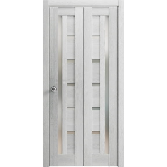 Sliding Closet Bi-fold Doors 56 x 80 inches | Quadro 4088 Light Grey Oak with Frosted Glass | Sturdy Tracks Moldings Trims Hardware Set | Wood Solid Bedroom Wardrobe Doors