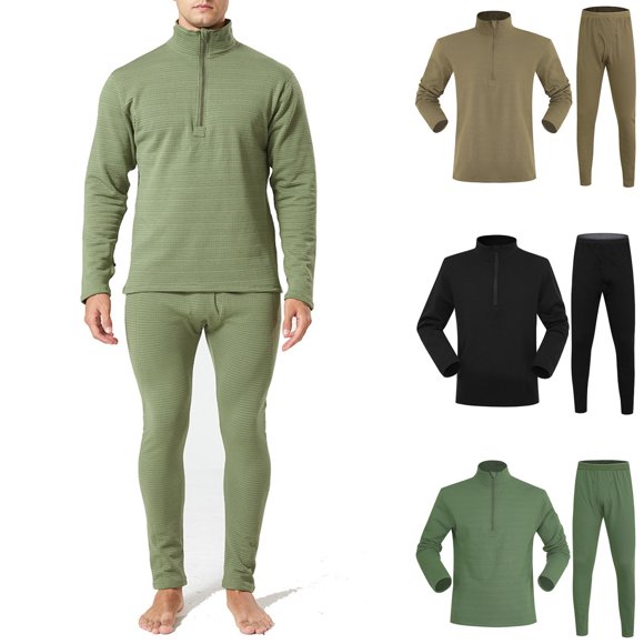 Wlynlyn Winter Thermal Underwear for Men Quarter Zip Long Johns Comfy Textured Base Layer 2 Piece Underwear Outfits