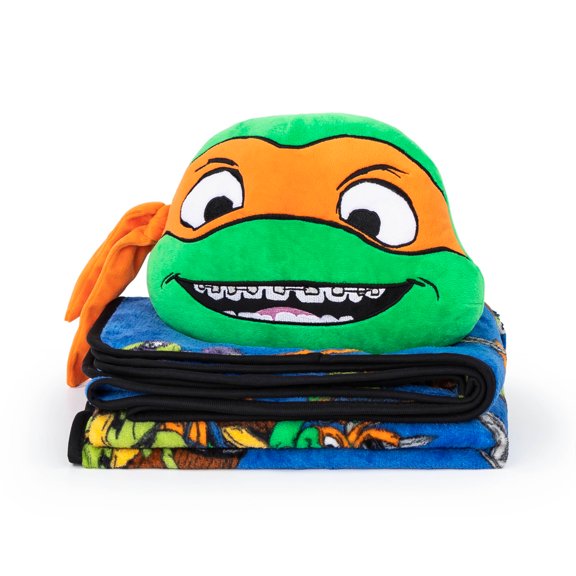 Paramount Nickelodeon TMNT Mutant Mayhem Michaelangelo Nogginz Pillow Travel Throw Set, 100% Microfiber