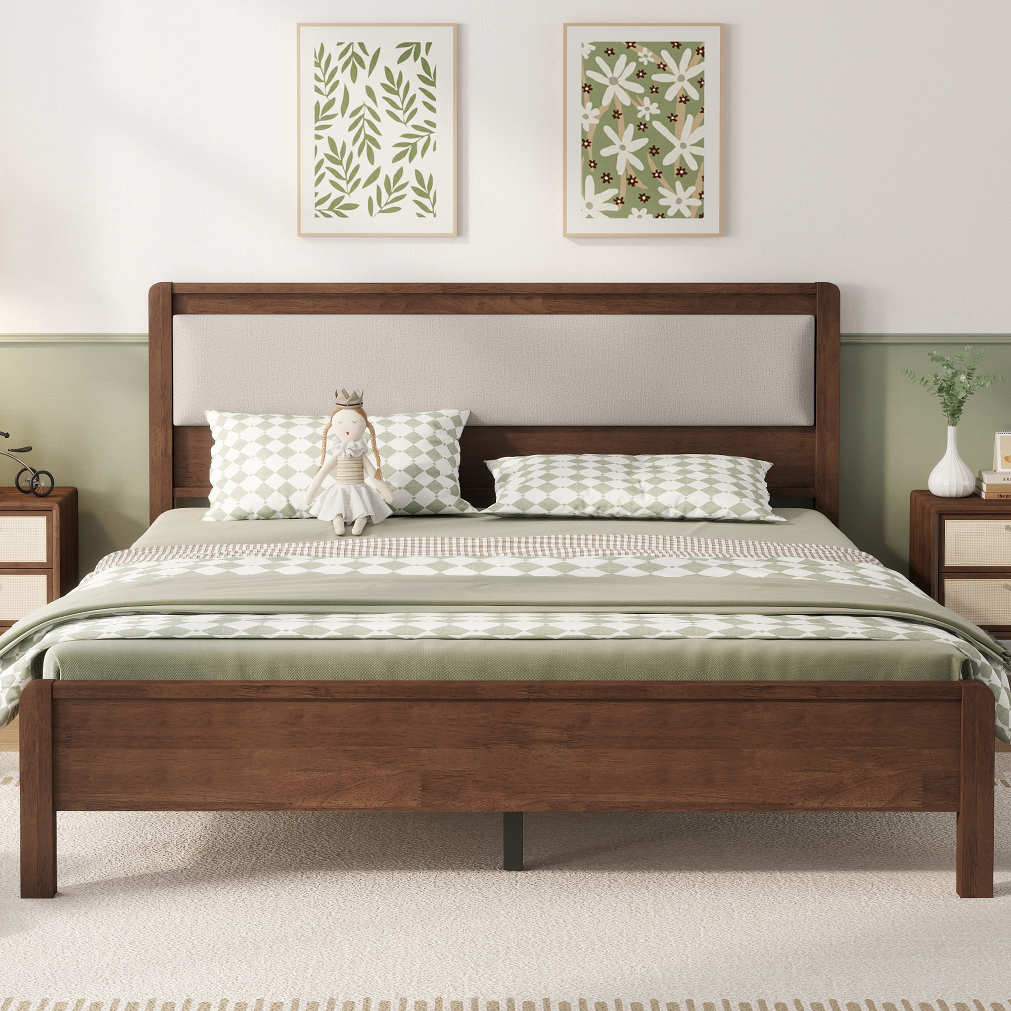 HOQBN Queen Solid Rubberwood Bed Frame with Upholstered Headboard, Reinforced Central Support Legs for Bedroom Walnut