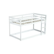 Bunk Bed Twin Over Twin, Low Twin Size Floor Bunk Beds with Ladder, Solid Wood Junior Bunk Bed for Teens Bedroom, No Box Spring Needed-White