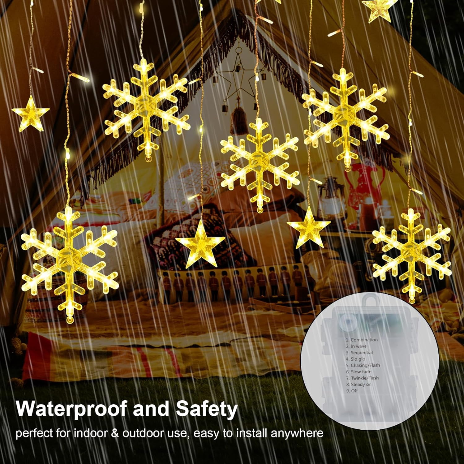 Qoosea Curtain String Lights, 126 LED Snowflake Star Waterproof Curtain Fairy Lights, Battery Operated Christmas Decorations for Window Wall Bedroom