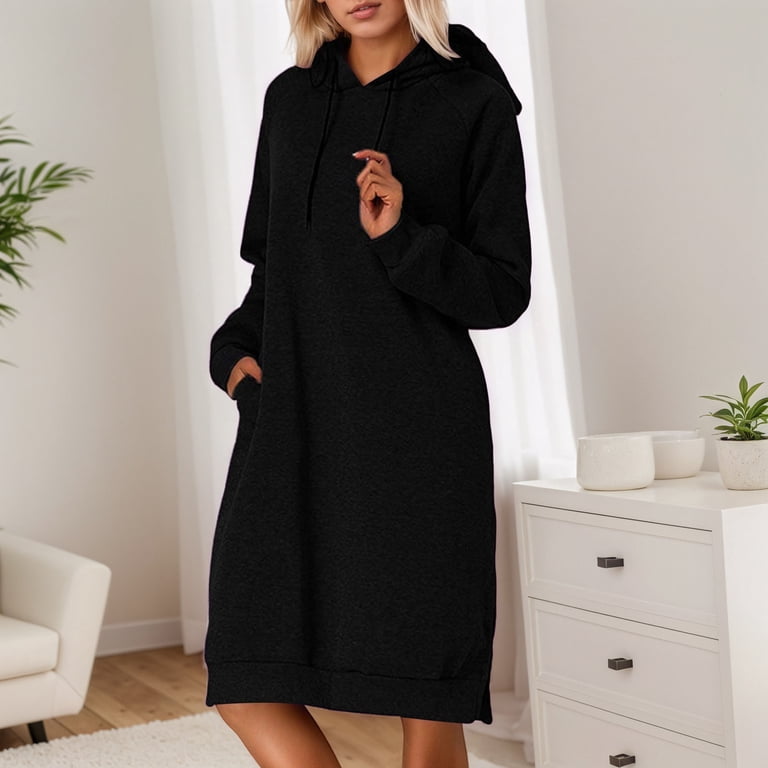 FYDUU Women's Casual Oversized Sweatshirt Dress Knee-Length Solid Color  Fall Fashion Long Sleeve Split Hem Hoodie Dress Loose Sweatshirts Black -  Walmart.com