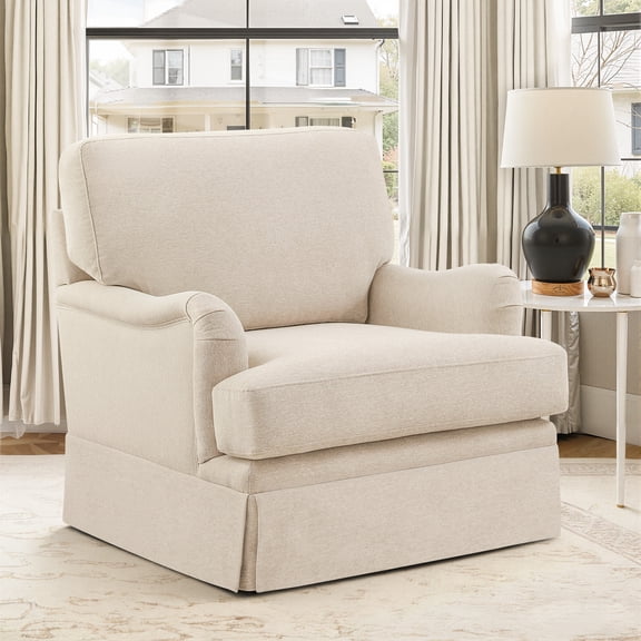Carolayne 360°Swivel Armchair, Upholstered Chenille Accent Chair with Skirted Base for Living Room, Cozy Small Spaces Sofa Chair Bedroom Seat, Linen Beige Color