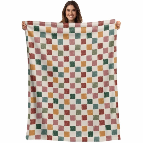Colorful Checkered Blanket Soft Cozy Warm Throw Blanket for Couch, Plush Fuzzy Flannel Fleece Blankets for Sofa, Vintage Plaid Grid Geometric Beige Bed Blankets Lightweight Gifts for Women, 50"x60"