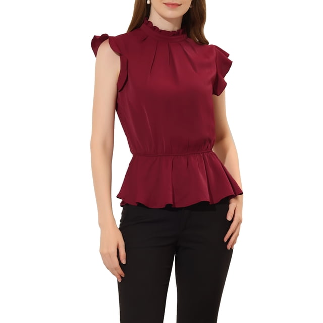 INSPIRE CHIC Haut Péplum pour Femmes à Manches à Volants, Col à Volants Plissé, Bourgogne P