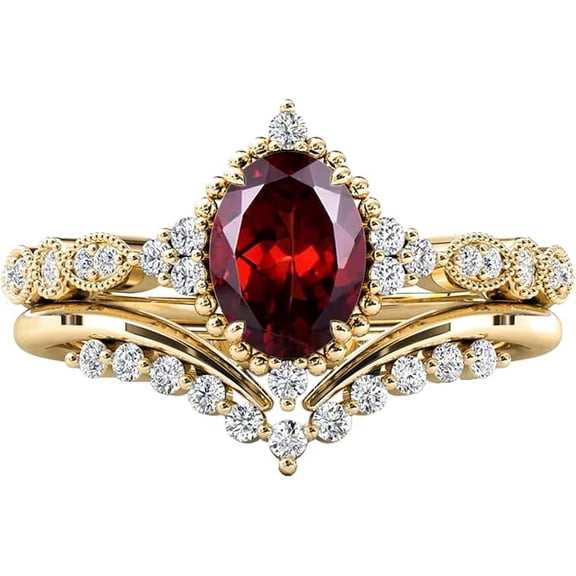 Rag Jewels 925 Sterling Silver 2.00 Ct Oval Cut Garnet & White Diamond Wedding Valentine's Anniversary Christmas Bridal Ring Set 14K Yellow Gold Plated For Women's -5