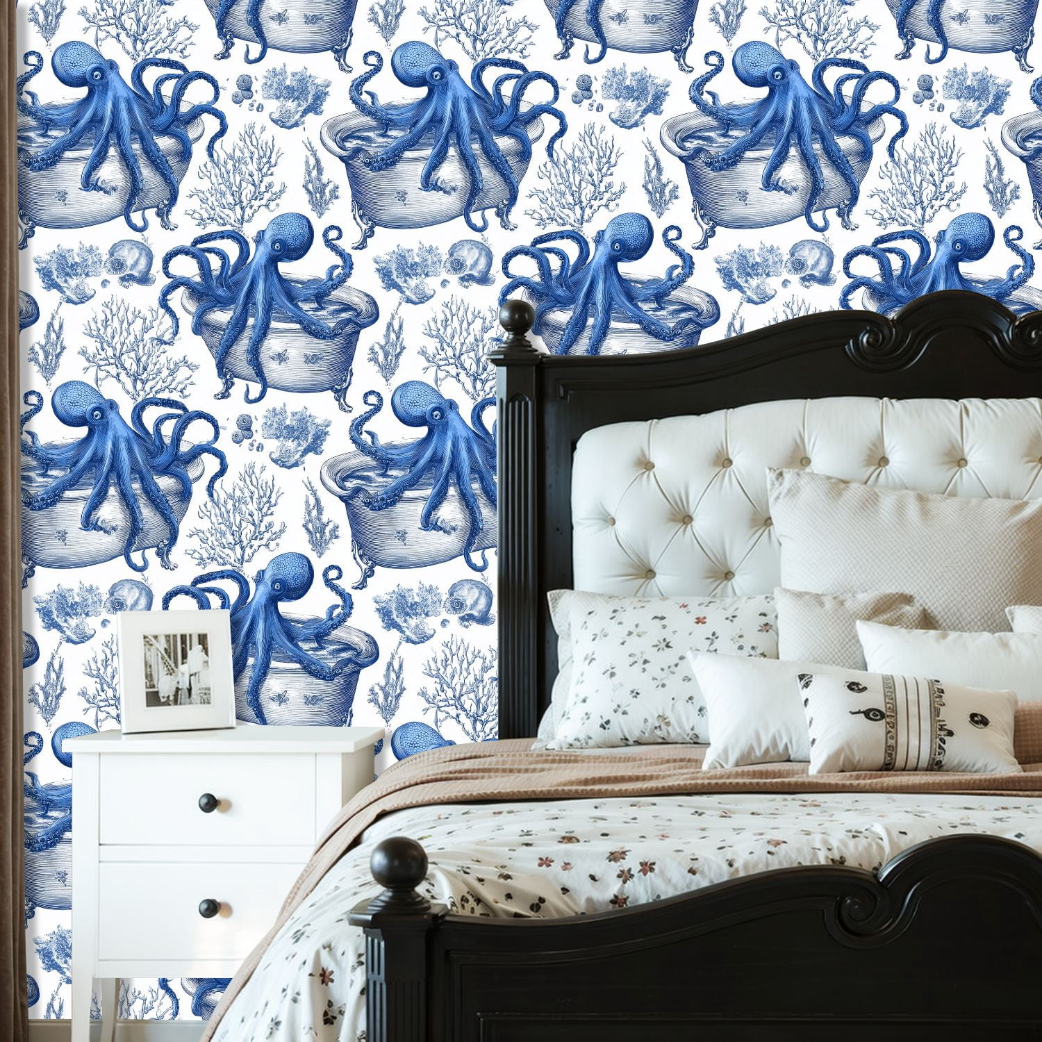 Peel and Stick Wallpaper Octopus Blue Vintage Engraving Marine Style Wall Mural 23.6in x 9.8ft Self Adhesive Removable Wall Paper Renter Friendly Wallpaper for Nursery Bedroom Cabinets