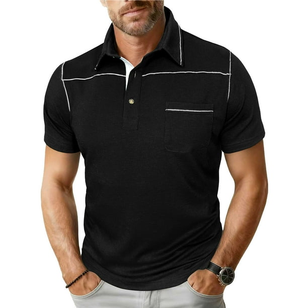 Blusa y camisa de manga corta con cuello vuelto para hombre, blusa de manga corta de color liso con botones y bolsillo y cuello vuelto, blusa de poliéster para hombre