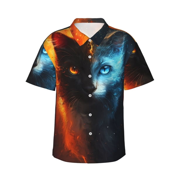 Fotbe Red And Blue Fire Cat Camisa Hawaiana para Hombre Unisex – Camisa Casual de Verano con Botones de Manga Corta de Algodón y Lino,3X-Large