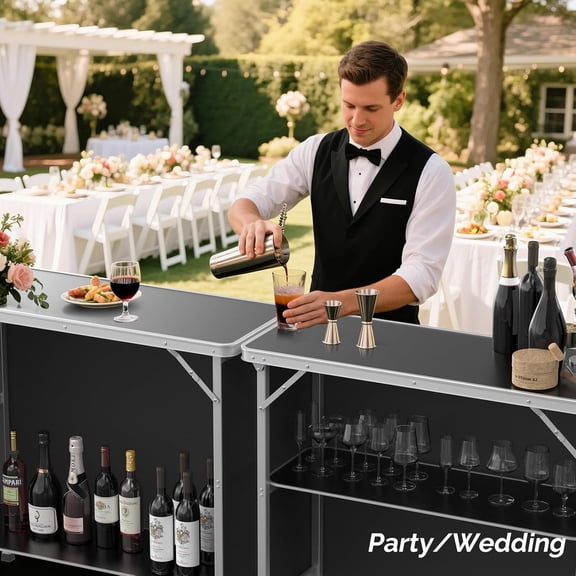 Folding Portable Bar Table with Storage Shelves for Events Parties Camping