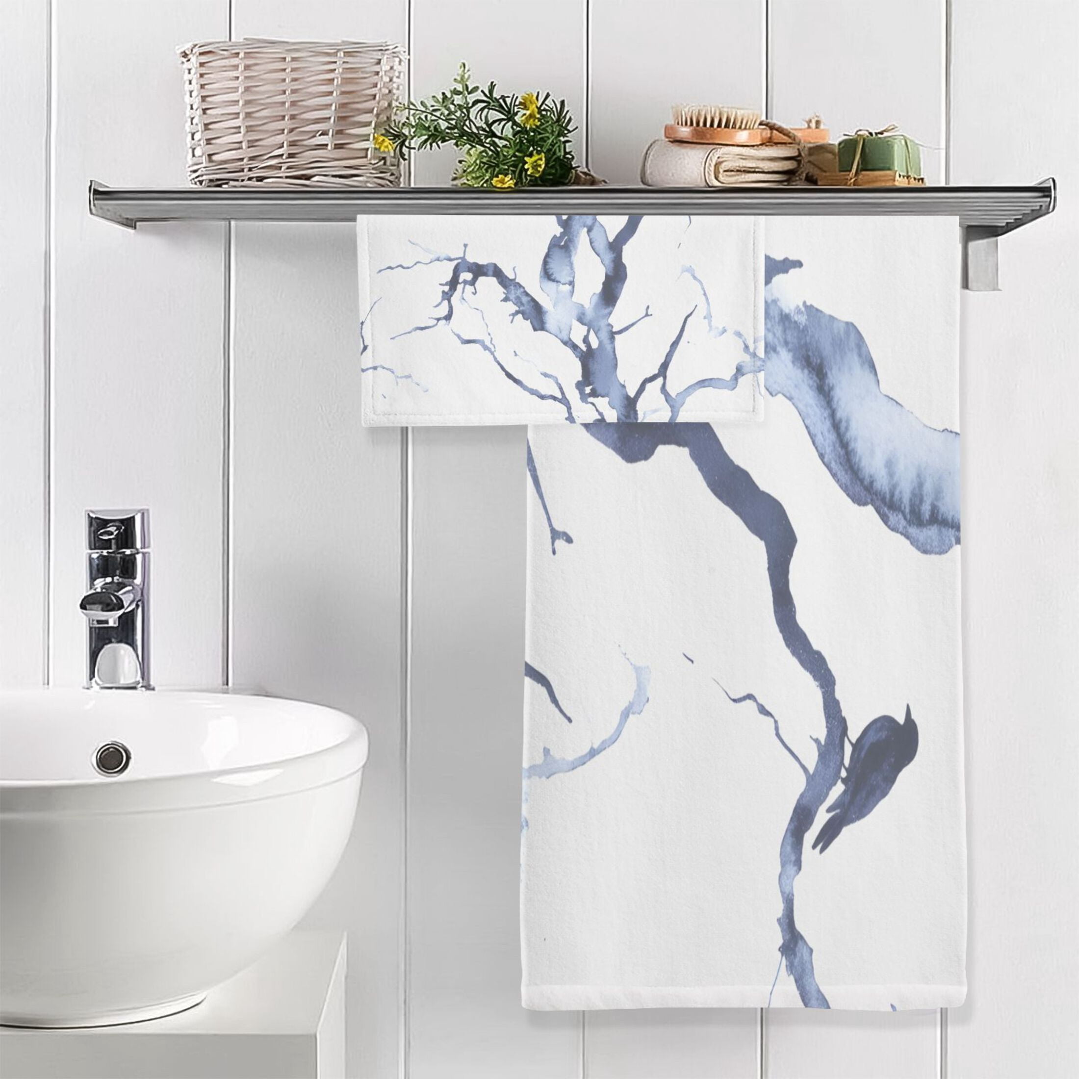 Winter Themed Birds and Trees 2 Piece Cotton Bath and Face Towel Set Soft and Absorbent, for Beach Pool Bathroom
