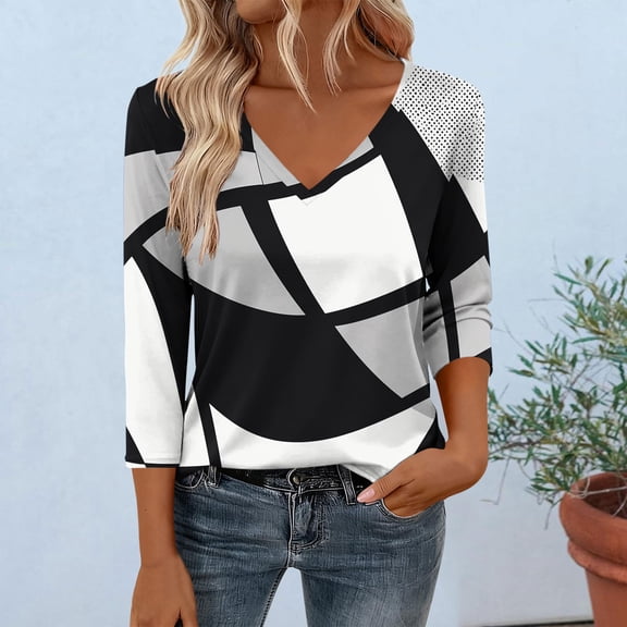 Uootdi Floral Print Graphic 3/4 Sleeve T Shirts Womens Summer Tops Colorblock V-Neck Casual Tops for Women Vintage Dressy Loose Fit Trendy Outfits Gift