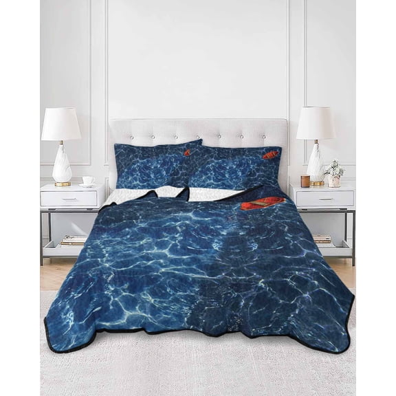 Quilts King Size, Navy Blue Ocean Waves Soft Comforter Bedding Set for Bed, Red Boat Coastal Lightweight Quilted Bedspread with Pillow Cover(2 Pieces) for All Season, 96x106 Inch