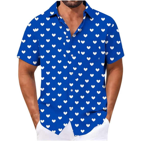 Posijego Valentines Day Shirt for Men Heart Printed Button down Shirts Big and Tall Shirts Men's Short Sleeve Shirts