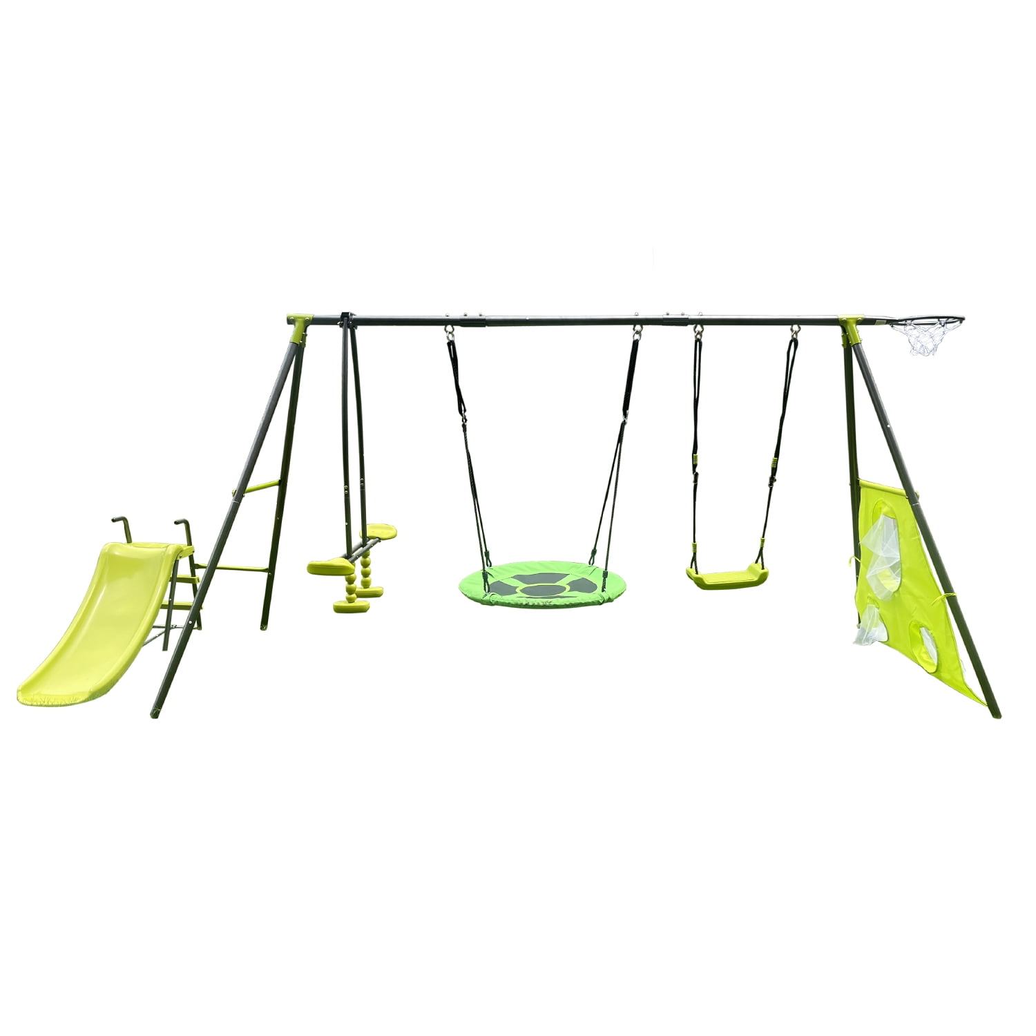 5 in 1 Outdoor Metal Swing Set with Seesaw Swing, Playground Swing Sets with Heavy-Duty A-Frame Metal Outdoor Stand, Swing Slide Playset for Kids with Basketball Hoop