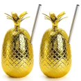 thumbnail image 1 of Paquete de 2 vasos para bebidas con forma de piña, 450 ml, piñas doradas con pajita estirada, vasos dorados para fiesta hawaiana Luau, dorados, 1 of 5