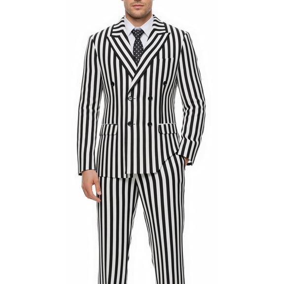 Beauty-Emily Men's Striped Double-Breasted Suit Set – Slim Fit 2-Piece Blazer & Pants, Bold Vertical Stripe Formal Suit for Party, Prom & Business