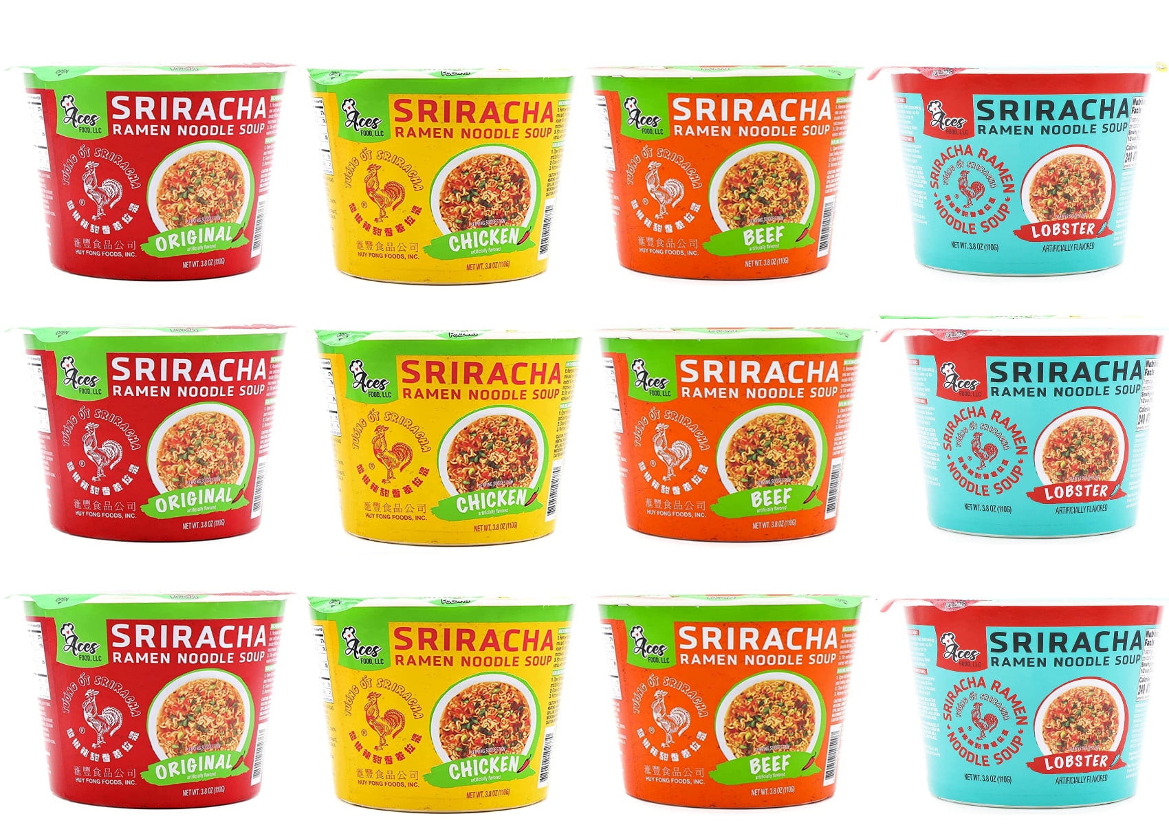Aces Huy Fong Sriracha Rooster Ramen Noodle Bowls of instant packaged