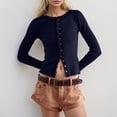 thumbnail image 2 of Aocisk Button Front Cardigan for Women Solid Color Slim Fit Long Sleeved Jacket Round Neck Knitted Ribbed Top Navy L, 2 of 6
