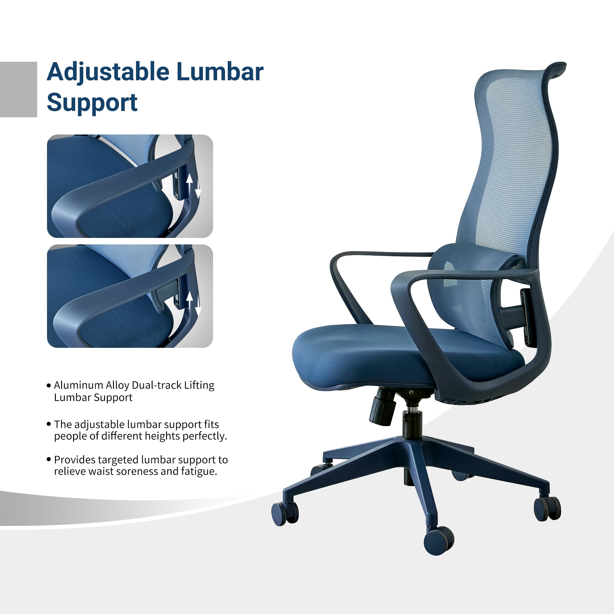 HOQBN Ergonomic Office Chair with 7-Level Adjustable Lumbar Support, Breathable Mesh High Back, Integrated Molded Foam Seat, 350lb Capacity, Blue