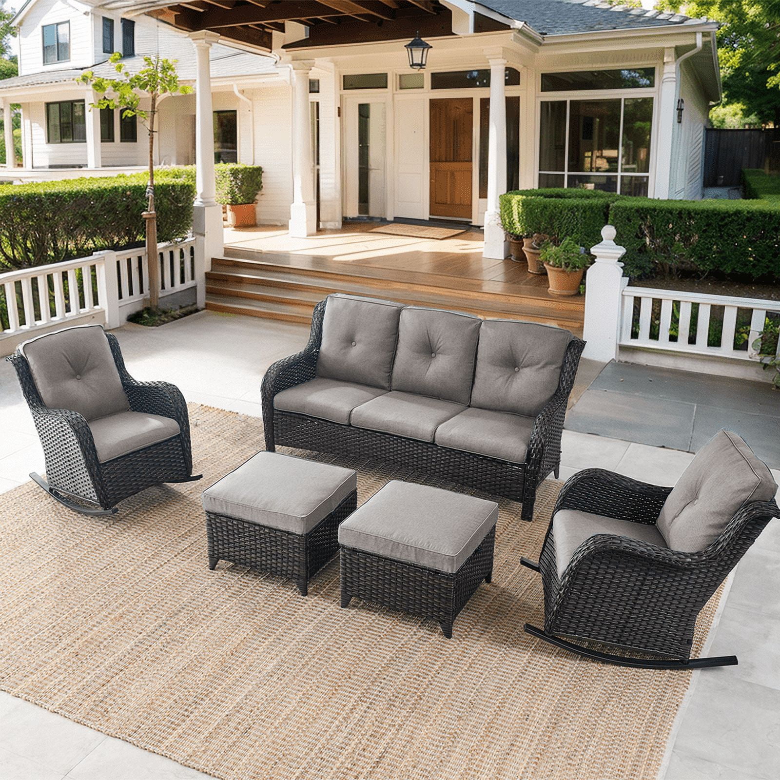 PARKWELL 5-Piece Outdoor Wicker Conversation Set Patio Furniture Couch Rocking Chairs Set with Ottoman,Gray