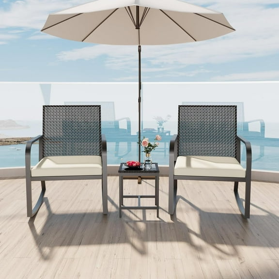 3 Piece Rattan Patio Bistro Set, Wicker Conversation Set with Coffee Table, for Porch Backyard Balcony Patio, Black Frame (White, 3PCS)