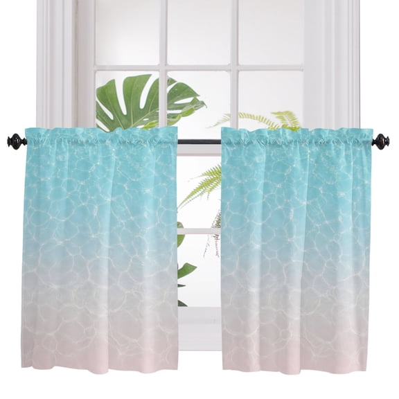 Aqua Blue Ombre Ocean Waves Bathroom Window Curtain, Summer Sea Coastal Light Filtering Coffee Kitchen Curtains, Bedroom Living Room Curtains 2 Panel 84"x45"