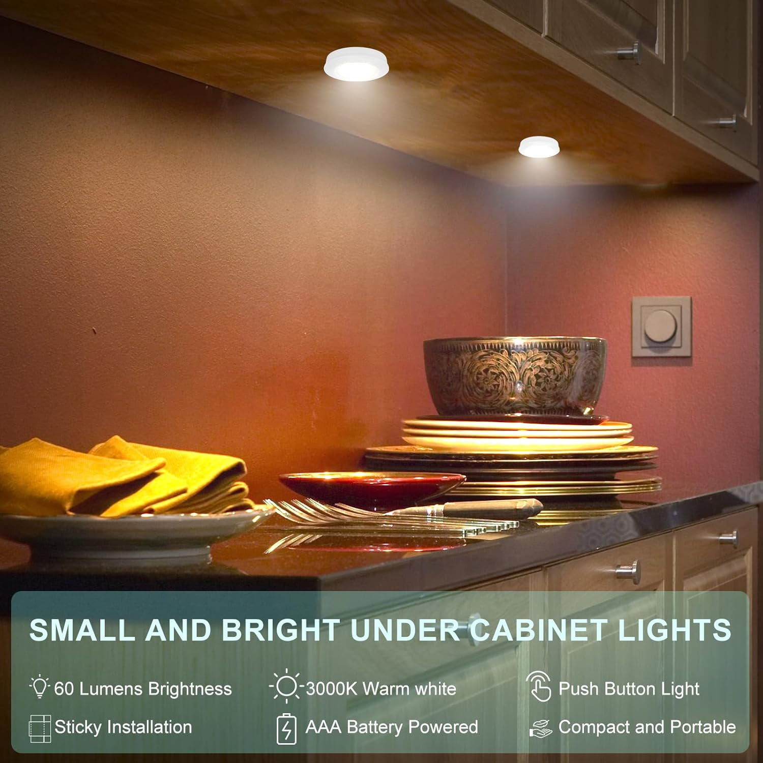 JJEAN-Wireless LED Puck Lights, Touch Activated Tap Ligh Push Light, Battery Operated Stick On Lights for Under Cabinet, Kitchen, Closet & Counters, 3-Pack, White (Included 3AAA Batteries)