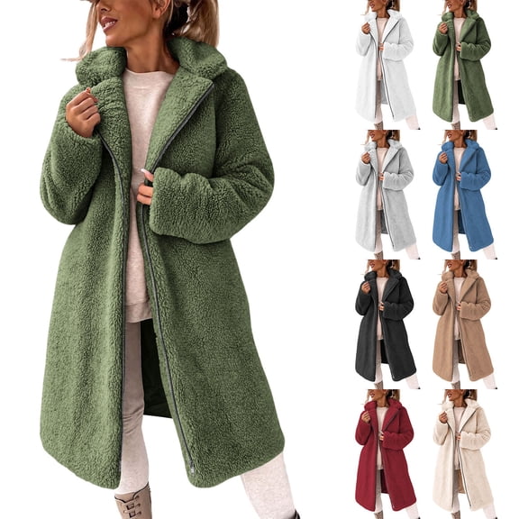 MaFYtyTPR Women's Fuzzy Fleece Long Coat Zip Up Hooded Casual Winter Outerwear with Pockets 01-Army Green L