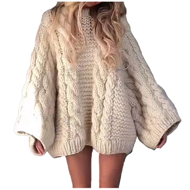 Aocisk Chandail Ample en Tricot à Col Rond et Manches Évasées pour Femme, Style Décontracté, Blanc, P