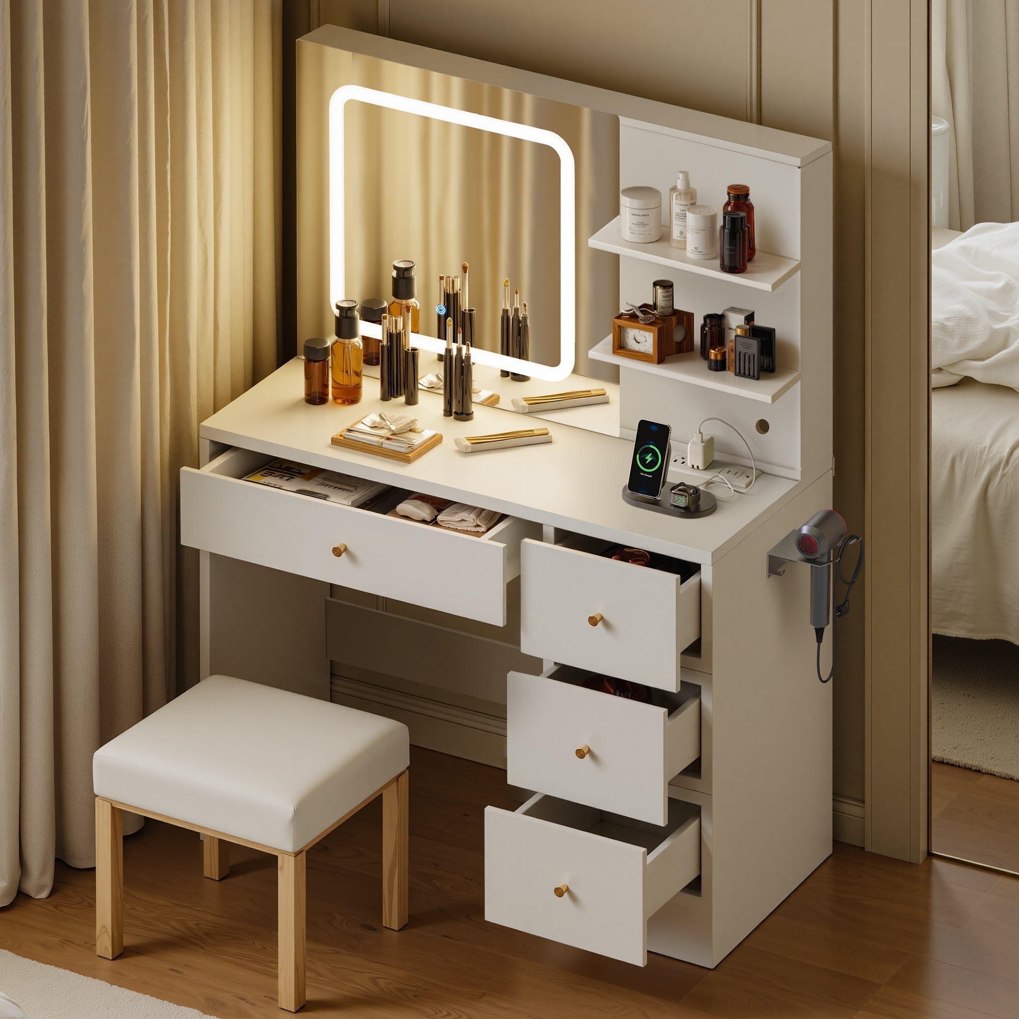 Makeup Vanity Desk with Mirror amd LED Lights, White Vanity Table with Charging Station, 3 Open Storage Shelves & 4 Drawers, Dressing Table with 3 Color Modes & Adjustable Brightness for Bedroom