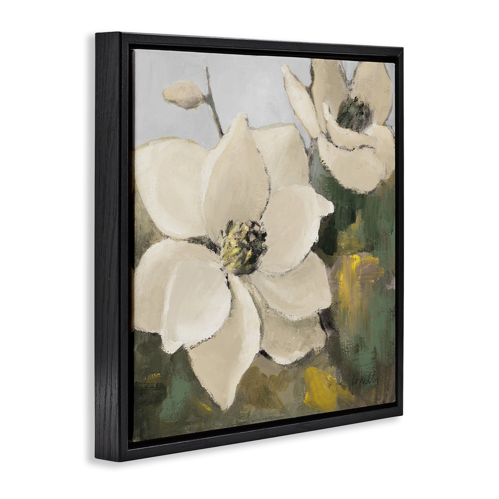 Stupell Industries Two Magnolia Blossoms Botanical & Floral Painting Black Floater Framed Canvas Art Print Wall Art, 18 x 18