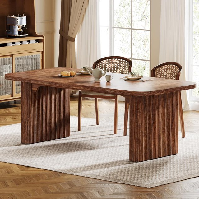 Farmhouse Dining Table for 4-6 People, 62-Inch Modern Kitchen Table with Double Robust Pedestal