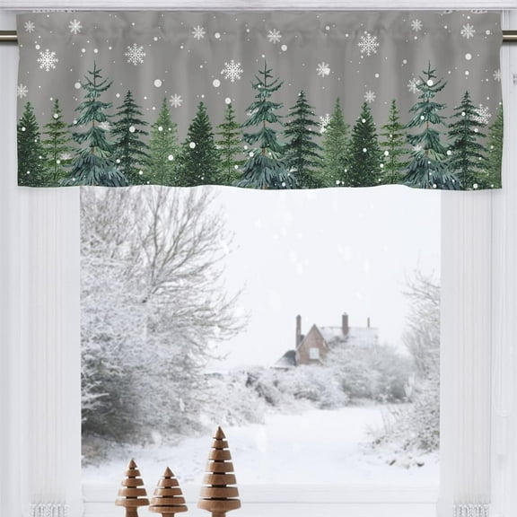 Winter Pine Tree Forest Snowflake Kitchen Curtain Valance 54 x 18 Gray, Seasonal Holiday Short Topper Curtains Window Rod Pocket, New Year Farmhouse Home Living Room Bedroom Bathroom Decor