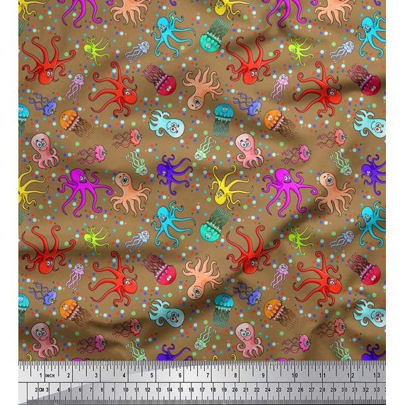 Soimoi Crepe Silk Fabric Dot,Octopus & Jellyfish Ocean Decor Fabric Printed Yard 42 Inch Wide