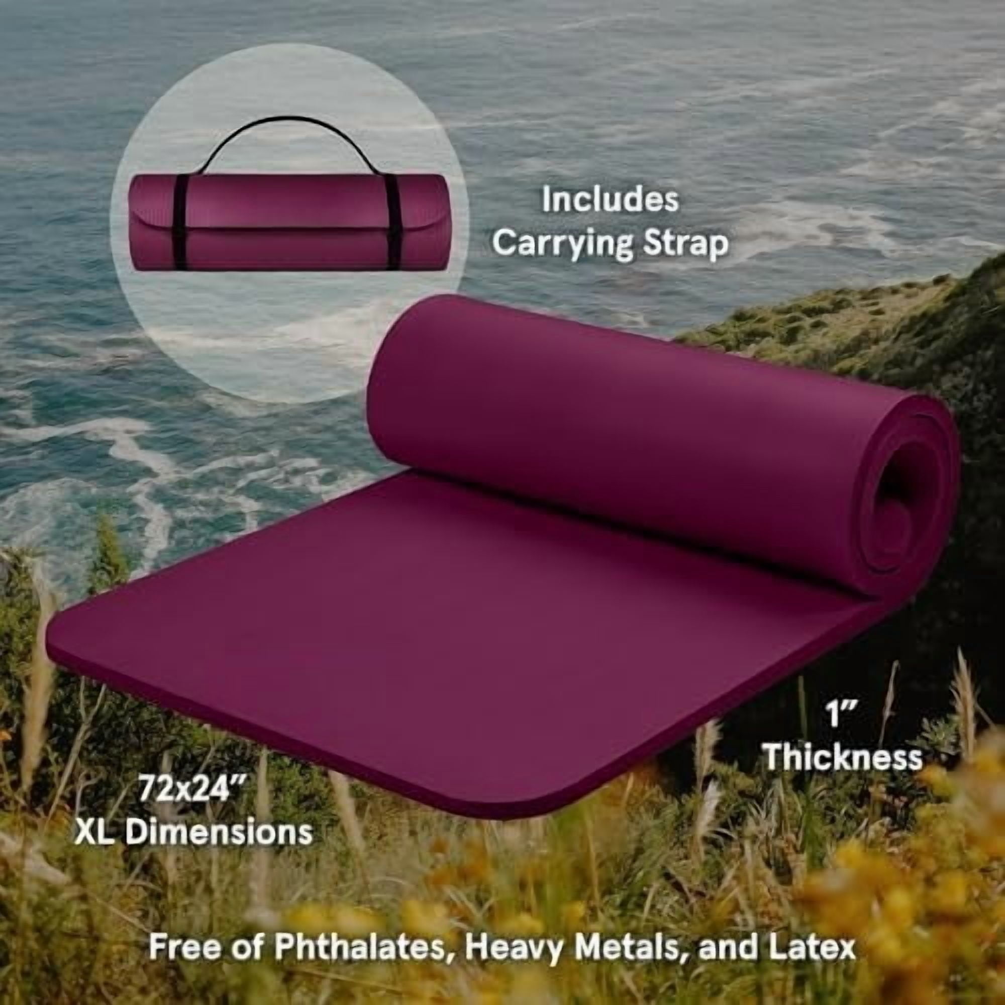 Solana Yoga Mat 1" Thick w/Nylon Strap for Men & Women - Non Slip Exercise Mat for Home Yoga, Pilates, Stretching, Floor & Fitness Workouts Boysenberry,1 inch