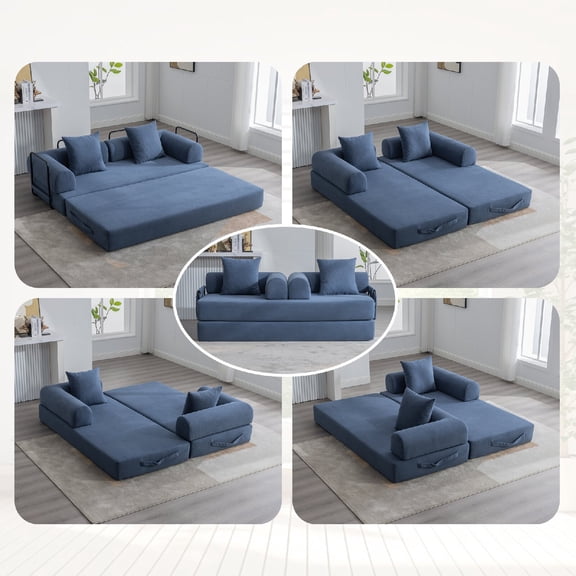4-in-1 Convertible Sleeper Sofa Bed with Pillow Back Support Armrest, Comfy Corduroy Fabric Foldable Compressed Floor Sofa Lounge Sofa Couch for Living Room, Apartment, Small Spaces, Navy Blie