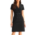 thumbnail image 1 of Vestido de mujer Allegra K verano 2023 manga corta solapa cuello en V doble botonadura cinturón Negro XS, 1 of 6