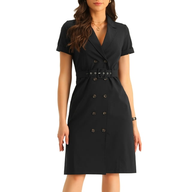 Vestido de mujer Allegra K verano 2023 manga corta solapa cuello en V doble botonadura cinturón Negro XS