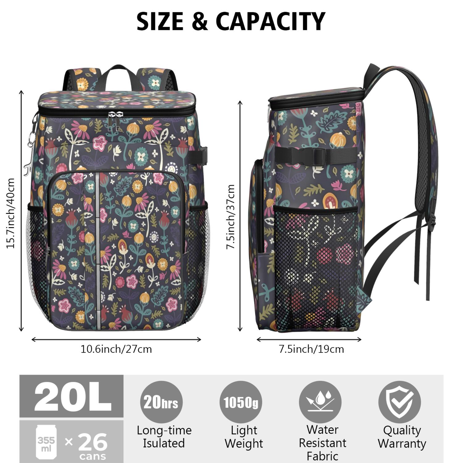 Travel Cooler Bag - Pioneer Flower Floral Print Pattern Camping Beer Cooler Backpack with Bottle Opener- Waterproof Insulated Picnic Backpacks - Cooler Bag for Beach