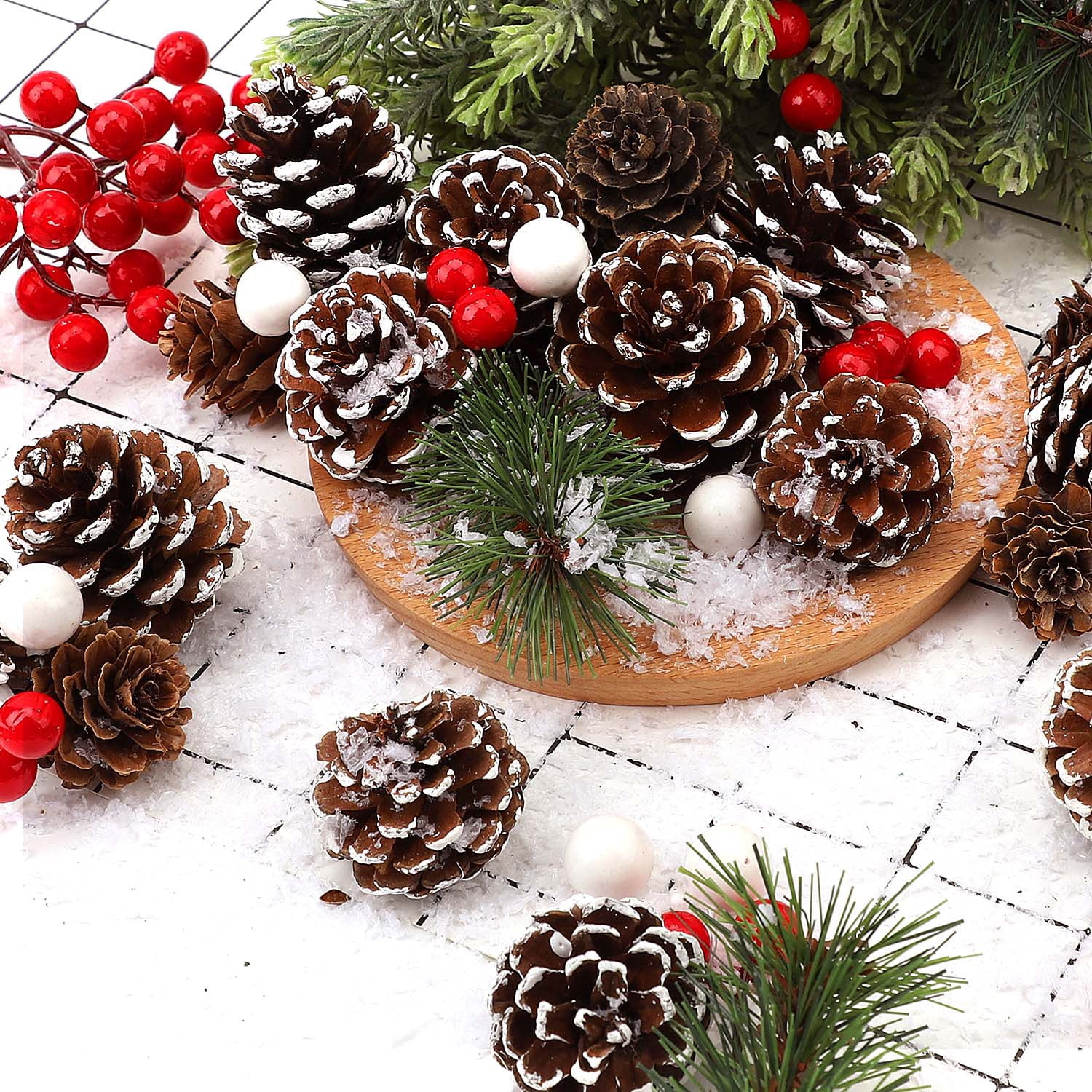 Ayieyill 115Pcs Christmas Pine Cones, Mixced Snowflake Ornaments and Berry Pine Branch Set