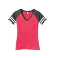 thumbnail image 1 of Gravity Threads Womens Distressed Stripe V-Neck Shirt - Watermelon/Charcoal - X-Small, 1 of 1