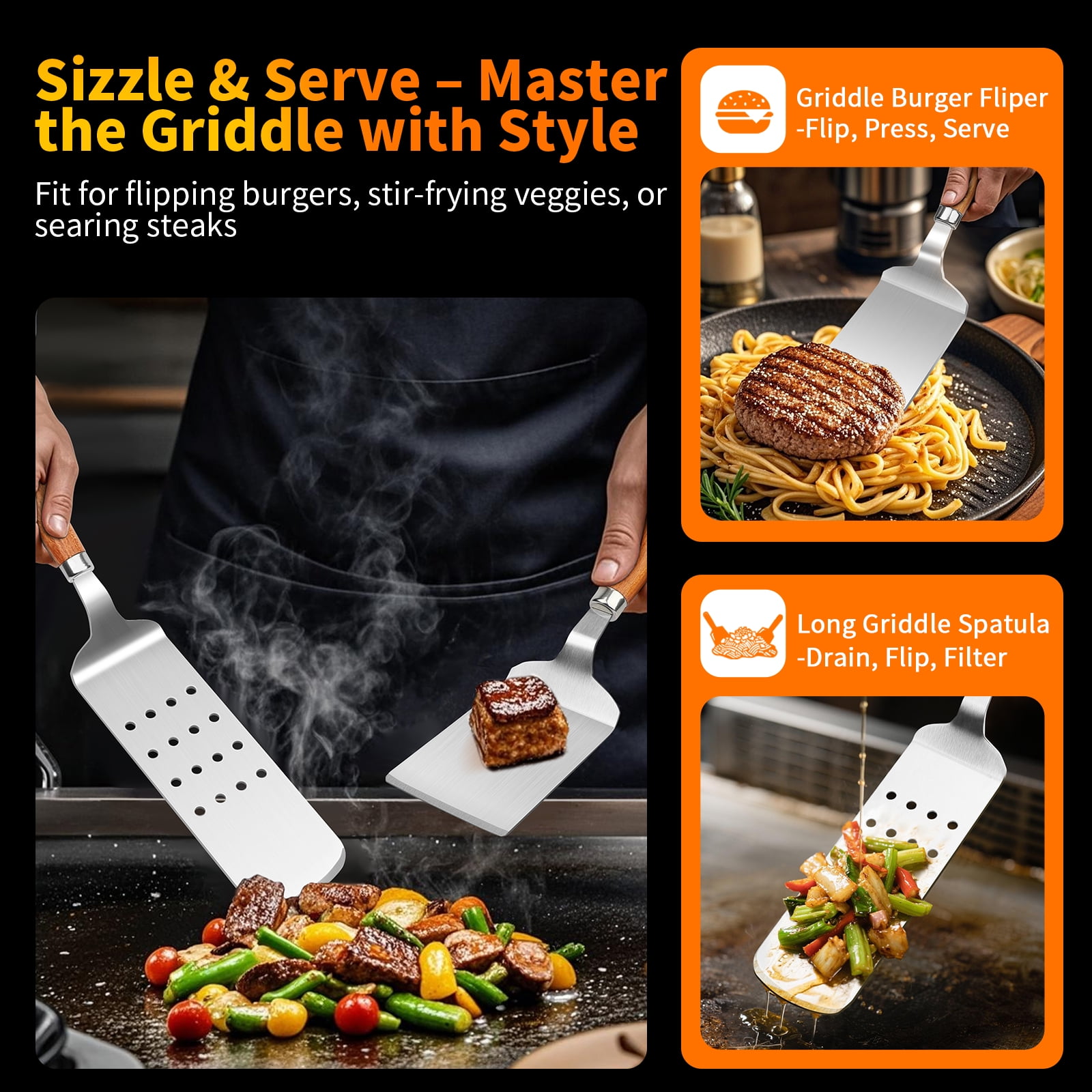 Heavy-Duty Rose Wooden BBQ Grilling Tools Set. Extra Thick Stainless Steel Multi-Function Spatula, Fork & Tongs | Essential Accessories with Organizer Bag for Barbecue & Grill. Ideal Gift for Father
